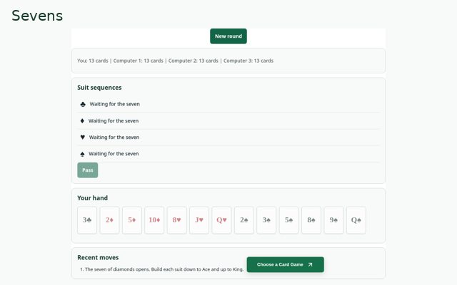 Sevens playing interface